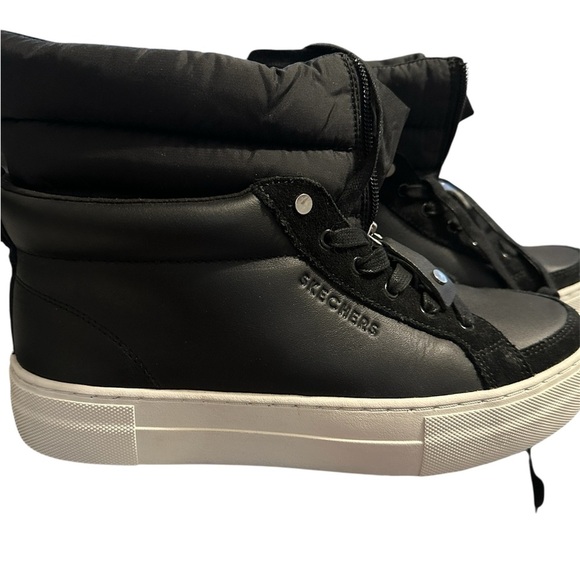 Skechers Black Leather ALBA Puffer Jacket Lining Rise Fit Zipper Hightops Wm 9 - Picture 3 of 6